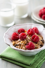 Muesli with fresh raspberries and dried fruits