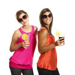 two girls at a party, studio portrait