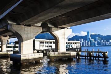 Hong Kong skyline along the seashore under bridges