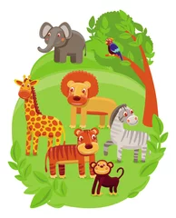 Afwasbaar Fotobehang Zoo grappige tekenfilmdieren in de groene jungle