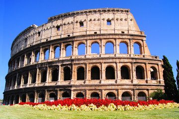 Naklejka premium Colosseum, with flowers, Rome, Italy