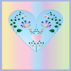Greeting card with flowers in heart shape on colorful background