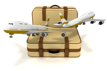 airliners and suitcases on white background