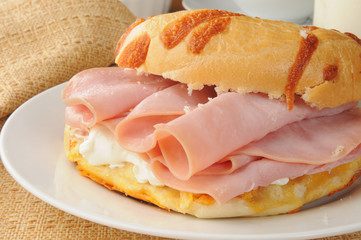 Onion bagel with ham and cheese