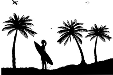 Beautiful young surfer girl standing on the beach silhouette