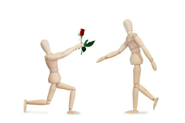 Love surprise flower rose from wooden model couple