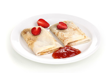 Stack of tasty pancakes isolated on white