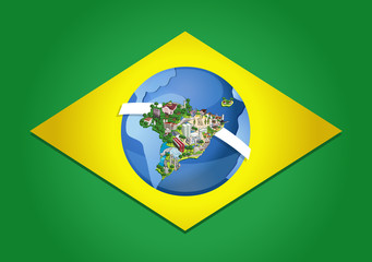 Flag of Brazil with world map. Cities of Brazil.
