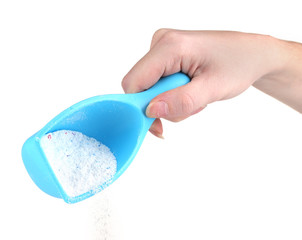 Obraz premium blue container with Washing powder in hand,isolated on white