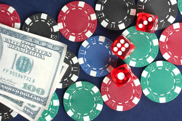 Naklejka premium frame made of poker chips, playing cards and dollars
