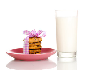 Glass of milk and cookies isolated on white