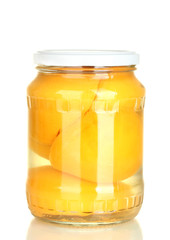 Jar of canned peaches isolated on white