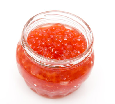 red caviar in the bank on a white background