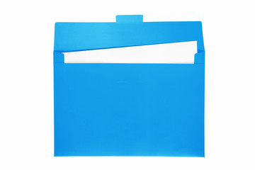 Open blue file folder with white paper inside.