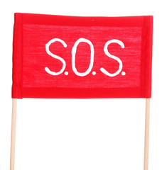SOS signal written on red cloth isolated on white