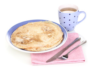 Stack of tasty pancakes isolated on white