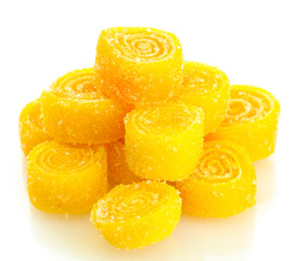 yellow jelly candies isolated on white.