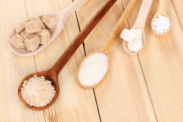 Fototapeta na wymiar Sweetener with white and brown sugar in spoons