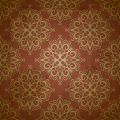vector seamless golden pattern on red grungy background with cru