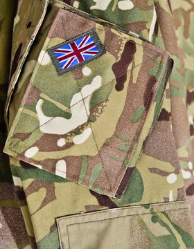 British army camouflage uniform with Union Jack flag