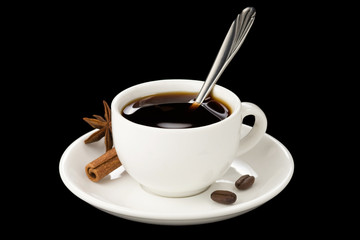 cup of coffee with beans isolated on black
