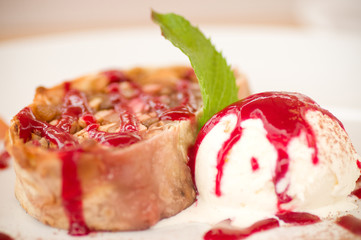 Tasty fruit cake and ice cream