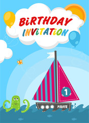 Birthday invitation card with boat and sea
