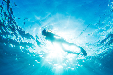 Woman Snorkeling in Tropical Ocean - obrazy, fototapety, plakaty