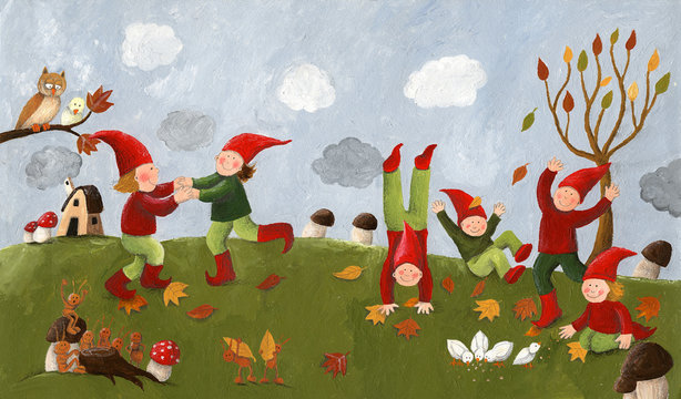 Acrylic illustration of the cute kids - dwarfs dancing in the fa
