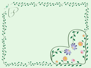 Frame with hearts and color flowers with leaves green illustrati