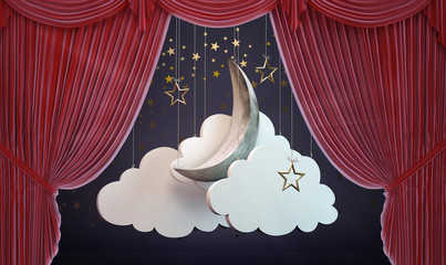 Theater curtain with moon and clouds