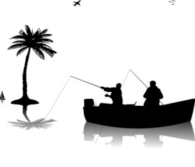 Two fishermen in a boat fishing near the palm tree silhouette