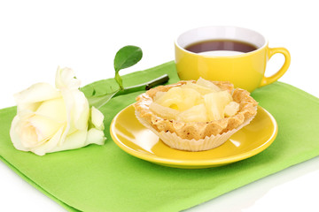 sweet cake with cup of tea isolated on white