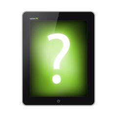 Tablet pc with question mark on a green screen