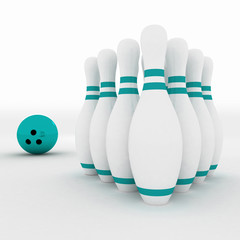 bowling  ball crashing into the pins  on white