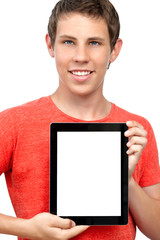 smiling boy holding a tablet with an insulated screen