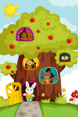 Animals in a treehouse