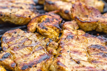 pork and chicken roasted on a spit