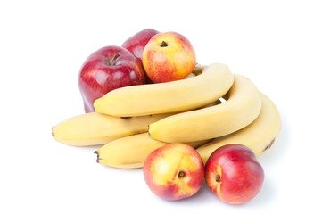 Bananas, apples and nectarines, isolated on white