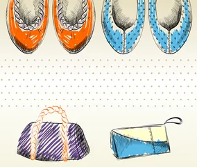 Poster trendy fashion  shoes.  Fashionable Hand drawn illustration. © Tapilipa