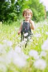 Two-year  girl in  dandelion plant