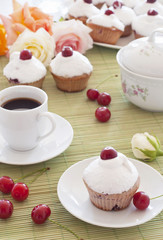 Breakfast: cherry muffins with coffee