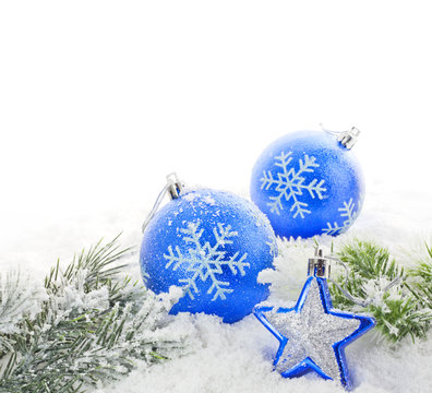 Christmas blue baubles and star with snowflakes
