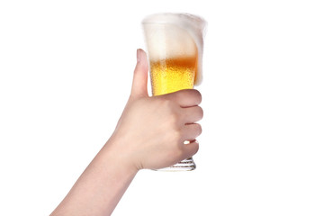 hand holding glass of beer isolated.making toast