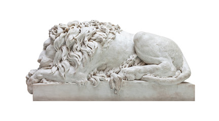Ancient marble statue of a male lion isolated on white