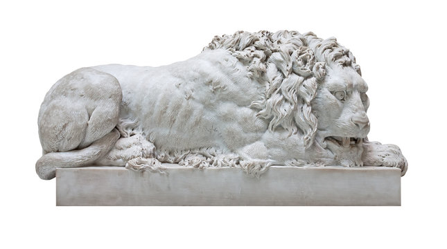 Ancient marble statue of a male lion isolated on white