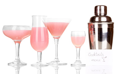 Tasty pink cocktails isolated on white