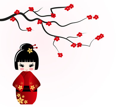 Kokeshi doll under sakura branch