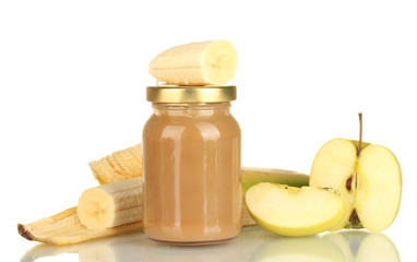 Jar with banana and apple baby food isolated on white