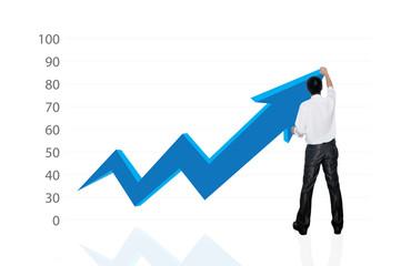 Business man hand touching on 3d arrow graph